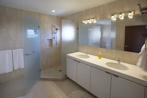 Combined shower/bathtub, hair dryer, bidet, towels