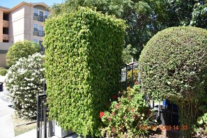 A building with a flat facade, surrounded by well-maintained hedges and flowering plants. - Los Angeles Private Newly Remodeled Unit in a Duplex With 2 Private bak Parking  (Los Angeles)
