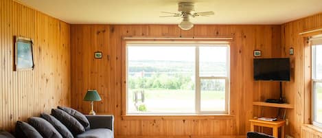 Um quarto com painéis de madeira, uma janela grande, um ventilador de teto, uma televisão sobre uma estante de madeira e um sofá de cor escura.