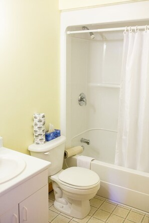 Une salle de bain avec des toilettes, un lavabo et une baignoire.
