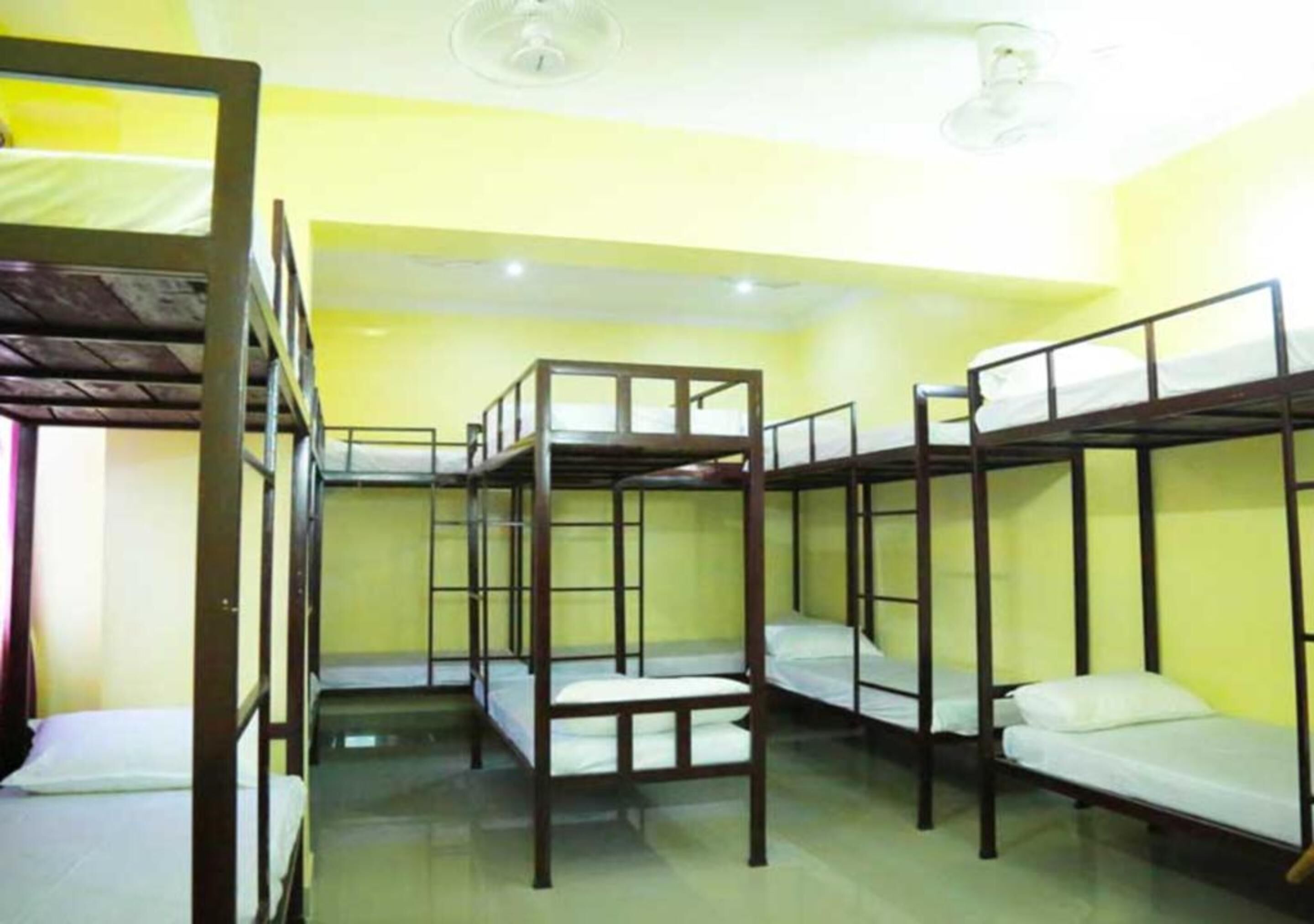 A dormitory room with bunk beds arranged in two rows.