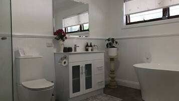 Hair dryer, bathrobes, towels, soap