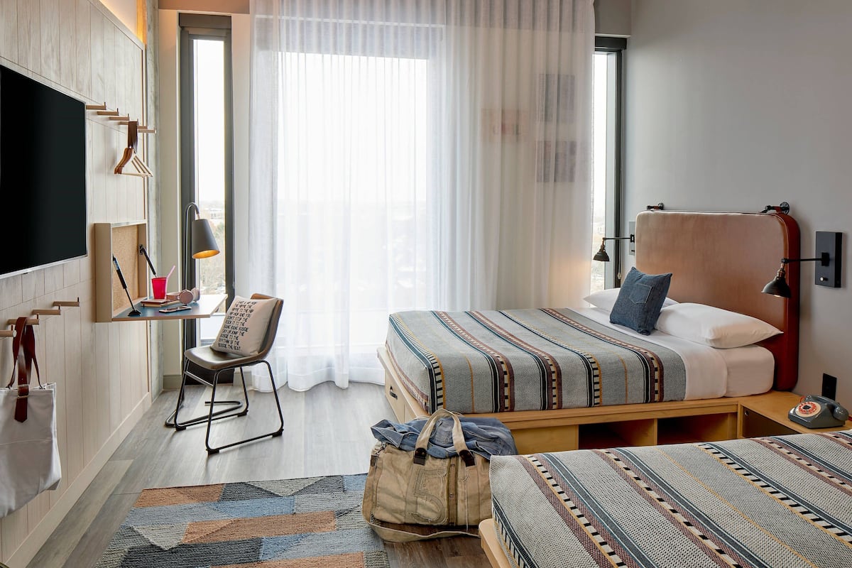 Room, 2 Queen Beds, Roll-in Shower | Pillow-top beds, desk, laptop workspace, blackout curtains