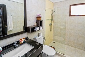 A bathroom with a sink, toilet, and glass-enclosed shower. There are shelves with toiletries and a mirror above the sink.