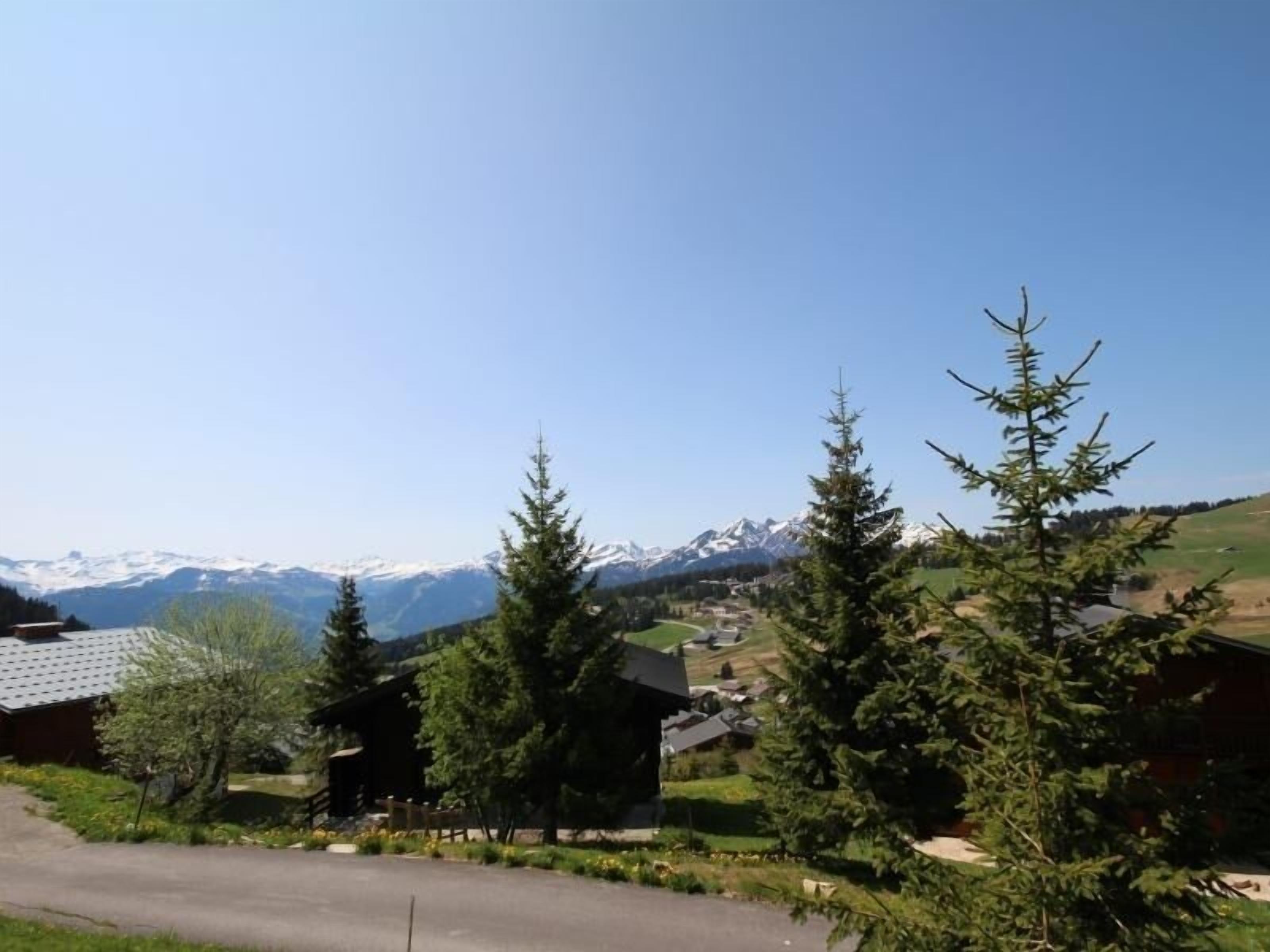 A rural setting with a wooden cabin, a clear road, and a backdrop of snow-capped mountains.