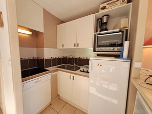 A compact kitchen with a dishwasher, a sink, and a built-in microwave. - Spacious 2-Room, Slope View, Pets Allowed (Les Deux Alpes)