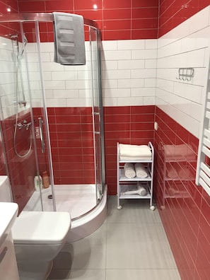 Shower, hair dryer, towels, soap