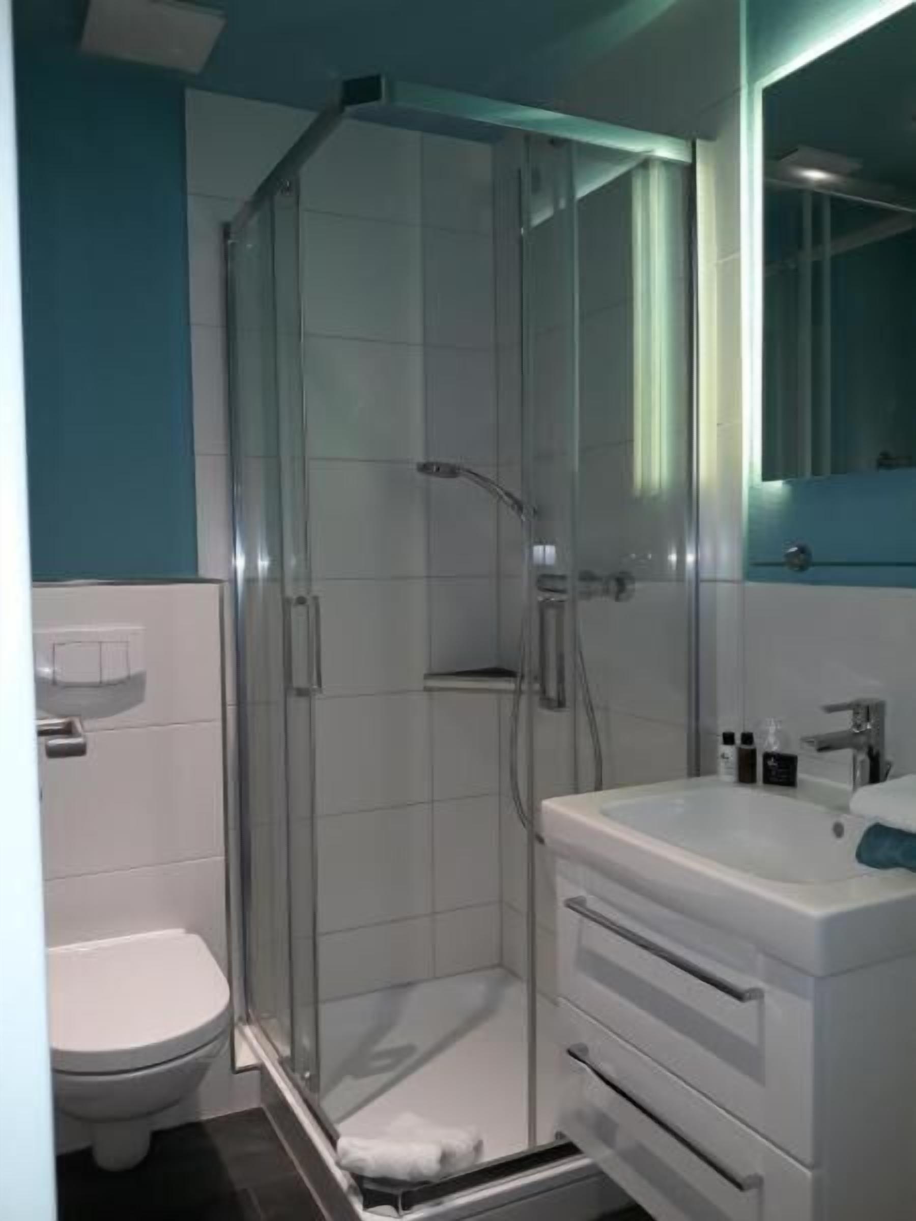 shower, free toiletries, hair dryer, towels