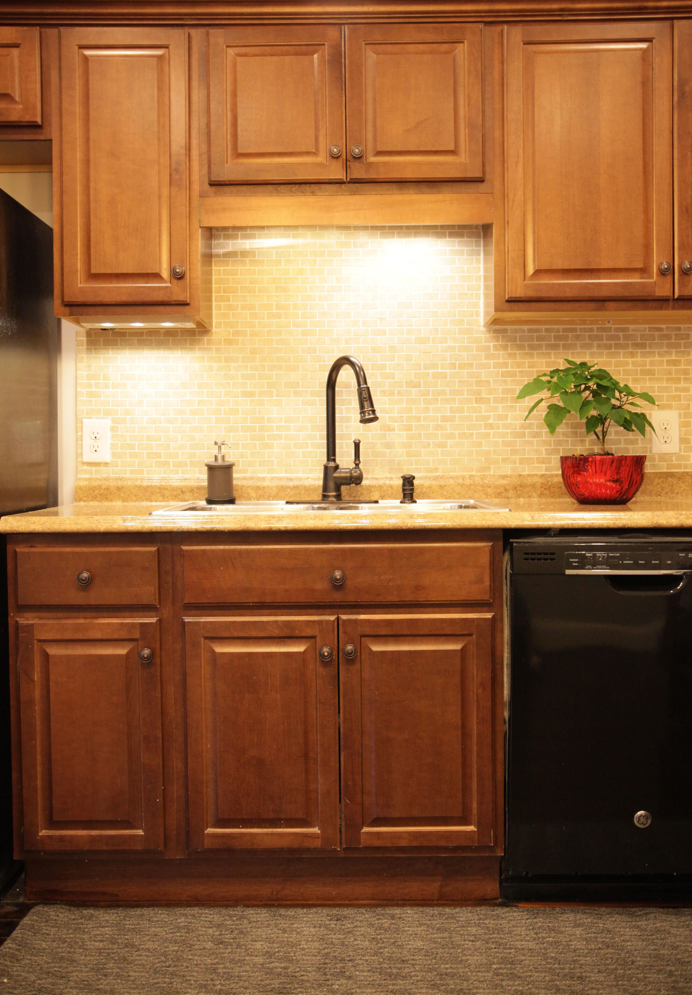 A kitchen with wooden cabinets, a tiled backsplash, a stainless steel sink, a dishwasher, and a red bowl with a plant on the countertop.