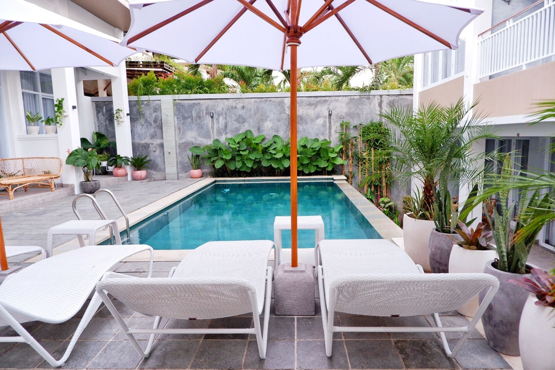 A pool area with white lounge chairs and umbrellas, surrounded by potted plants and a concrete wall.
