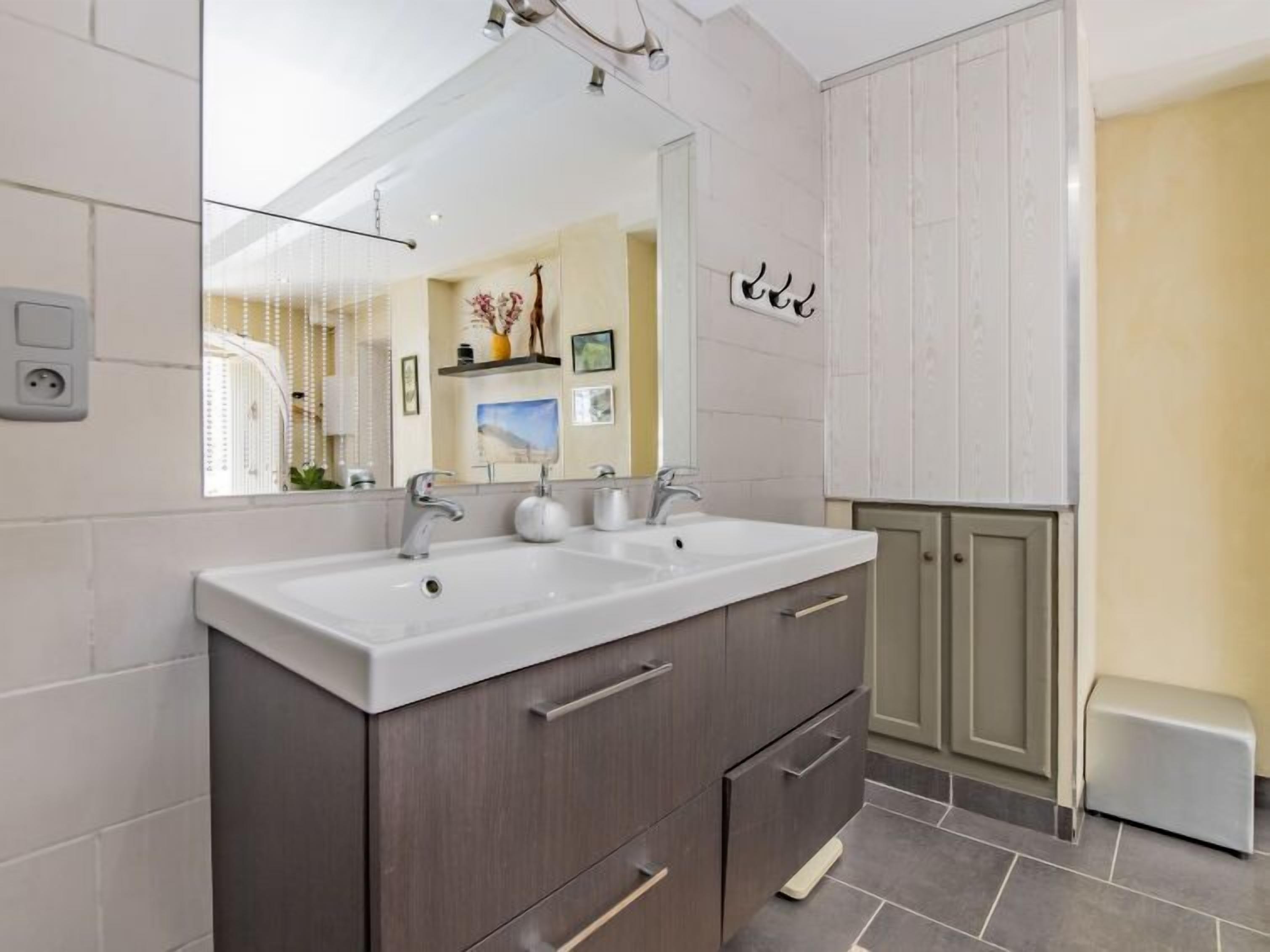 A modern bathroom with a double sink, dark cabinetry, and a large mirror.