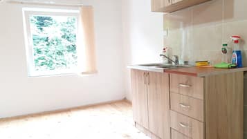 Fridge, oven, stovetop, coffee/tea maker