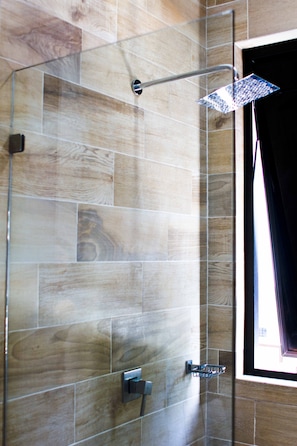Shower, hair dryer, towels, toilet paper