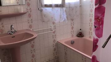 Bathtub, bidet, towels, soap