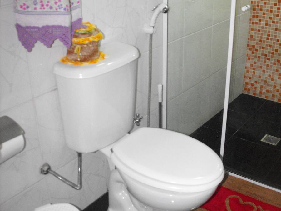 Ein Badezimmer mit Toilette, Dusche und Bidet.