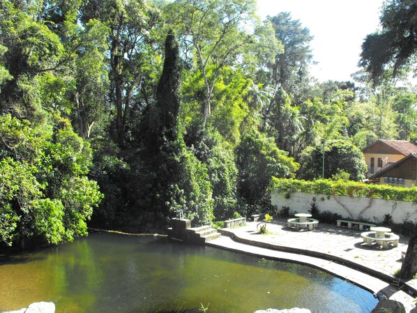 A serene garden with a pond, surrounded by lush greenery and a small building with outdoor seating. - Pousada Cascata dos Amores (Teresópolis)