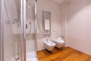 Shower, hair dryer, bidet, towels