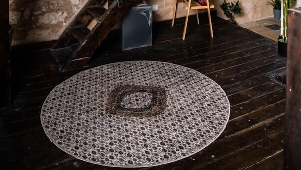 Un escalier avec une rampe en bois, un tapis rond à motifs, une plante en pot et un tableau noir accroché au mur.