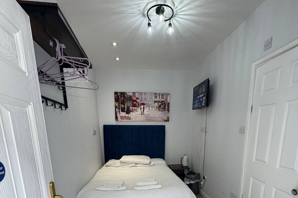 A bedroom with a bed, a mounted TV, a ceiling light fixture, and a wall-mounted artwork.