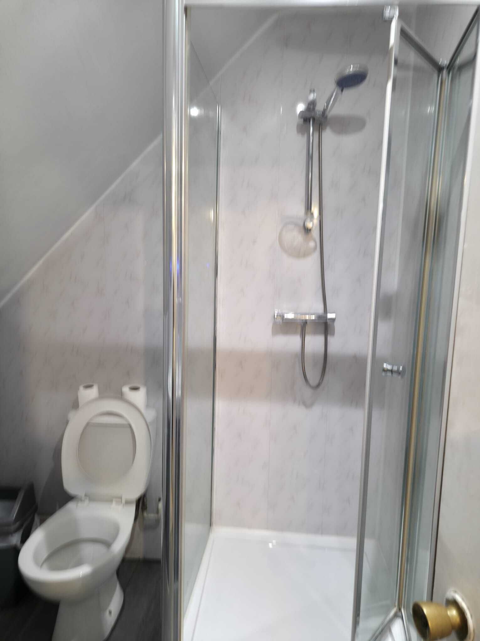Ein modernes Badezimmer mit einer gläsernen Duschkabine, Toilette und einer Wand mit Marmorplatten.