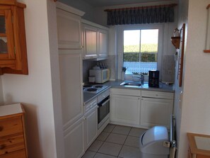 Une cuisine compacte avec des meubles blancs, une cuisinière, un évier et une fenêtre donnant sur un paysage verdoyant.
