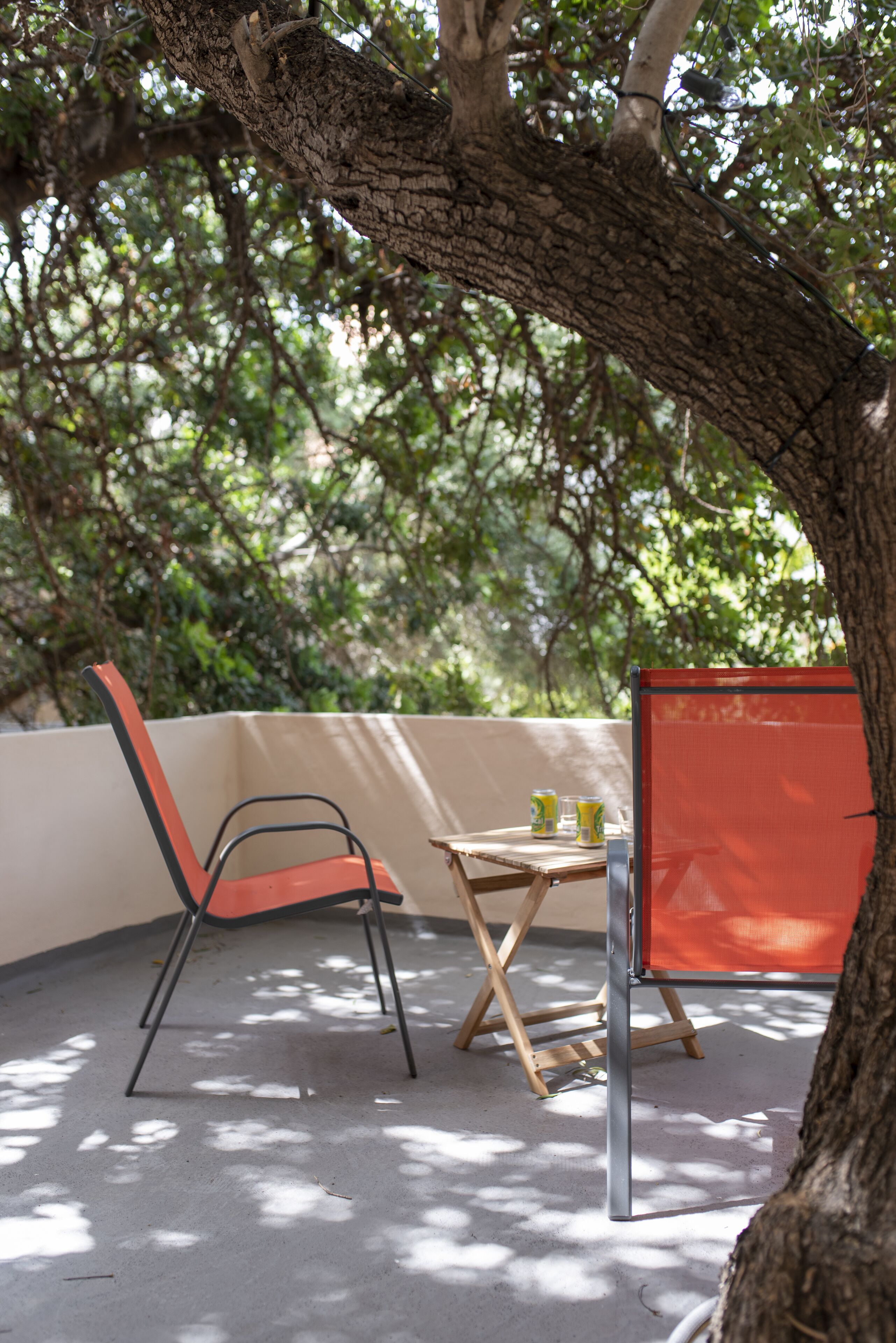 A small outdoor seating area with a table and chairs under a tree, a red screen, and a concrete floor.