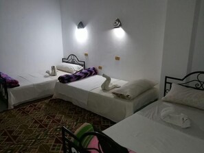 Habitación con tres camas, cada una con ropa blanca y adornos de cisnes. Se observan luces fijadas a la pared y una alfombra estampada.