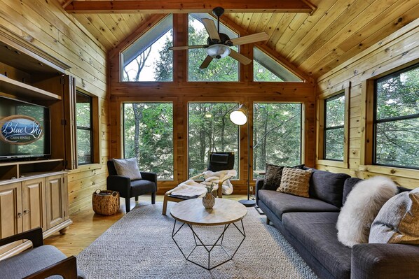 Flat-screen TV, fireplace