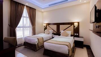 1 bedroom, hypo-allergenic bedding, down duvets, blackout curtains