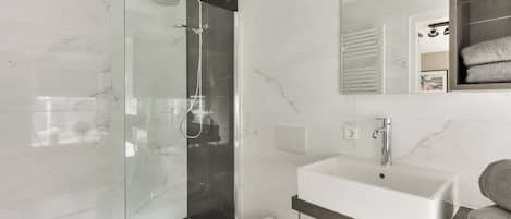 Shower, hair dryer, towels