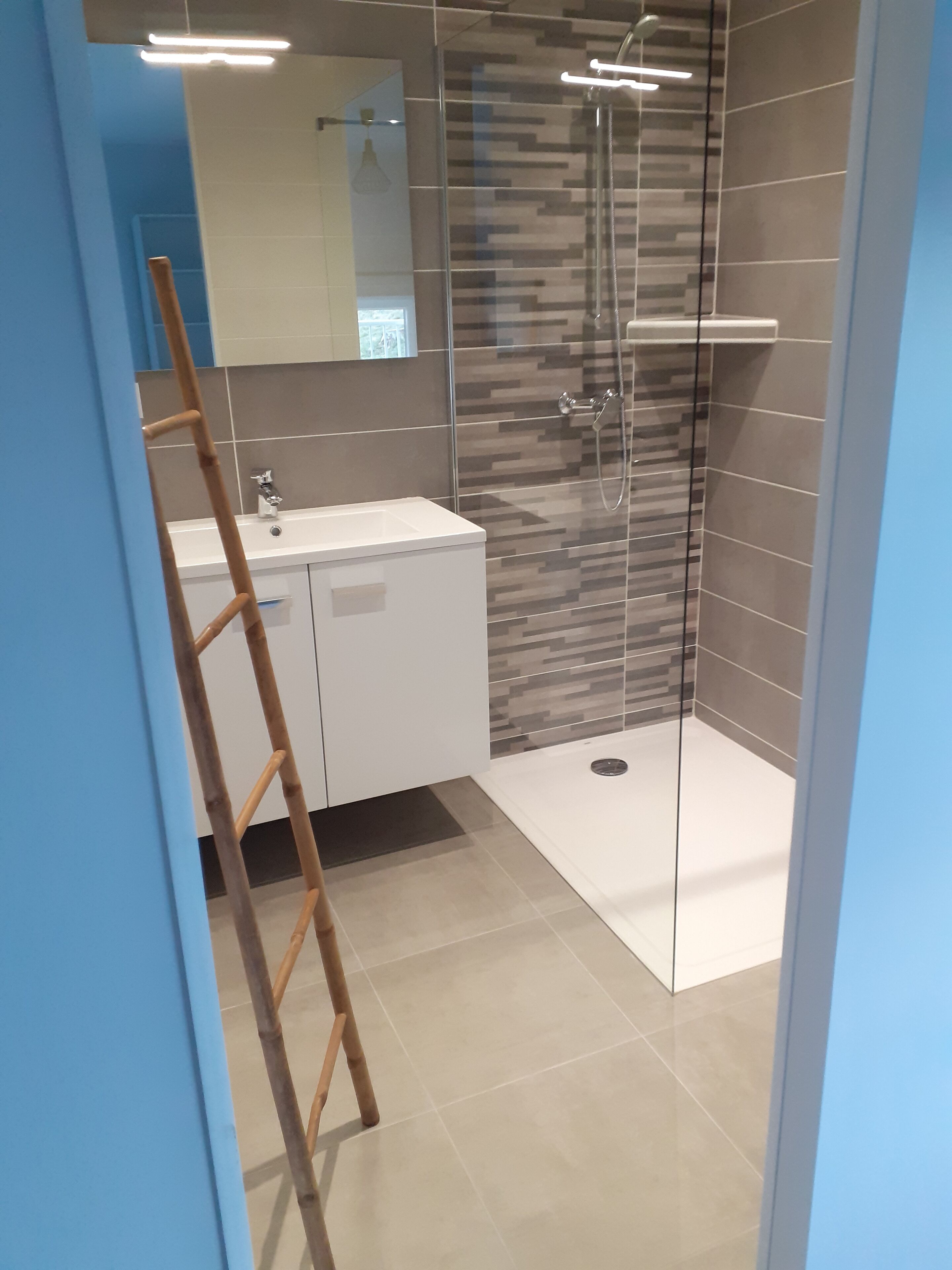 Shower, hair dryer, towels, toilet paper