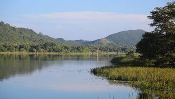 Un lago tranquilo rodeado de vegetación y colinas.