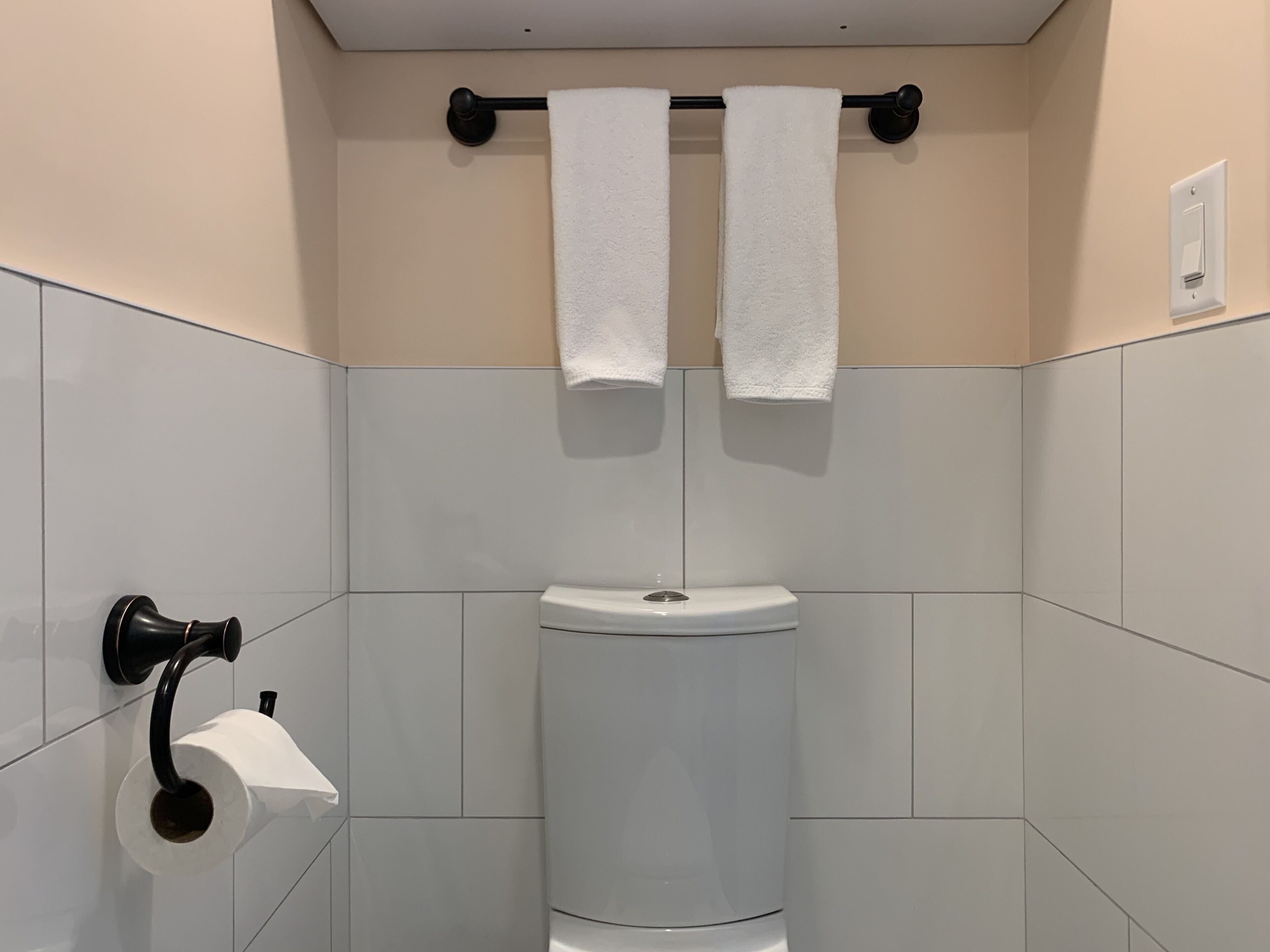 shower, rainfall showerhead, hair dryer, towels