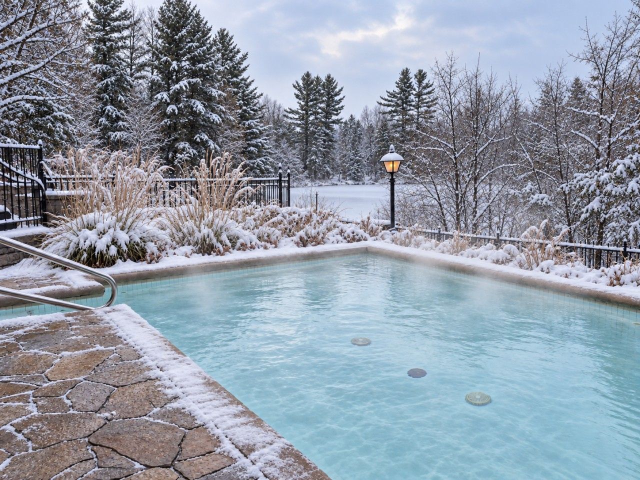 A swimming pool with a stone border, surrounded by snow-covered plants and trees, and a lamp post.