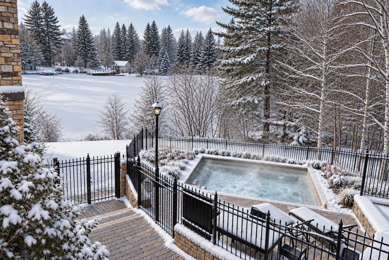 Een besneeuwd buitengebied met een hottub, een met baksteen bestraat pad en een metalen hek.