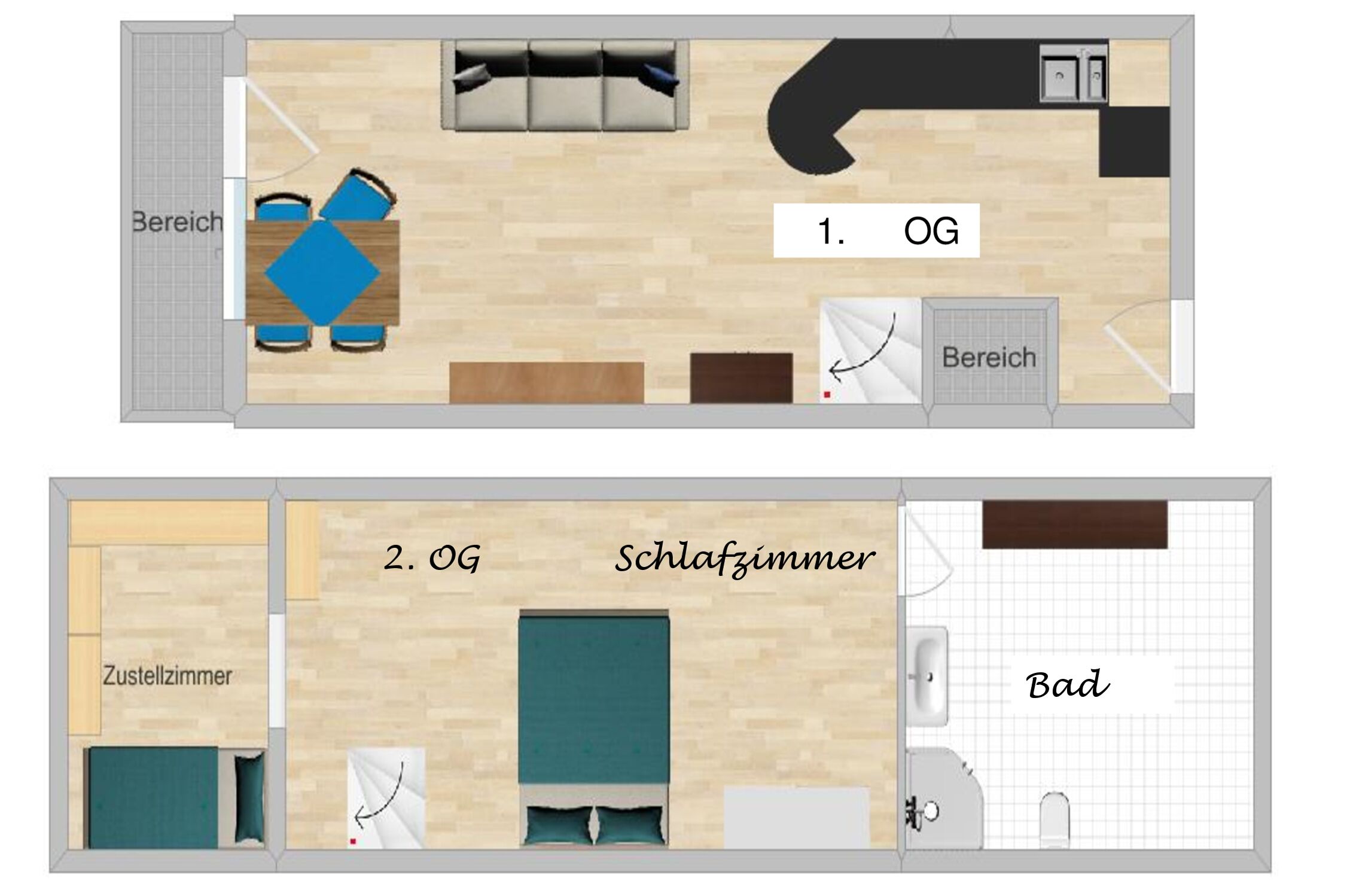 A hotel room layout with a living area, kitchenette, bathroom, and a bedroom.