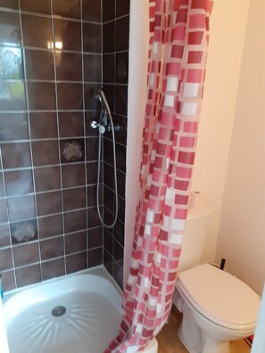 Ein Badezimmer mit Dusche, Toilette und Fliesen.
