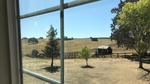 Vista a través de una ventana de un paisaje rural con una zona cercada, un edificio pequeño y árboles.