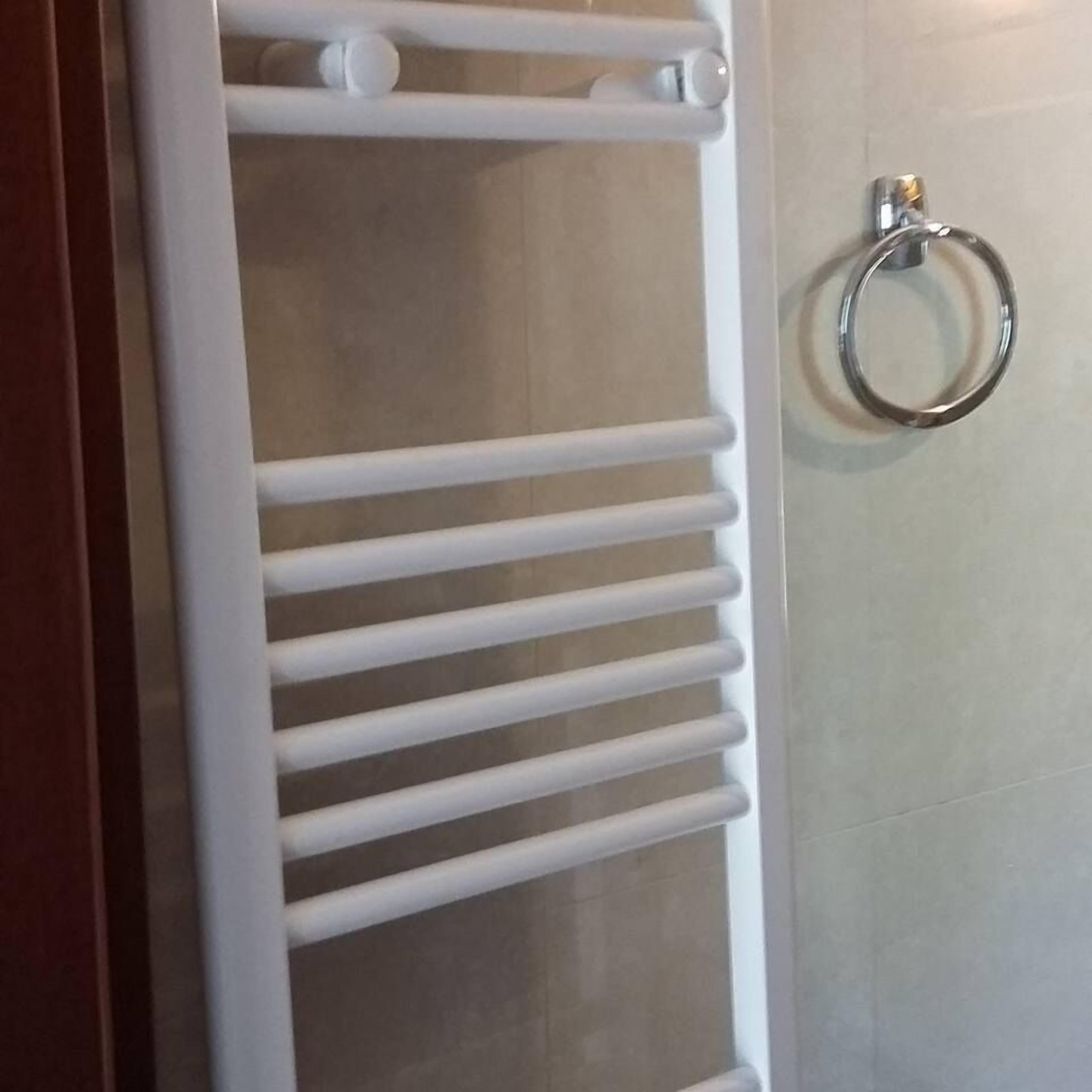 A bathroom with a white towel rack and a chrome towel ring.