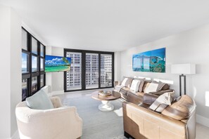Condo, Multiple Beds (Beachfront condo with panoramic ocean) | Living area | Flat-screen TV - Beachfront Condo With Panoramic Ocean Views and Pool (Marco Island)