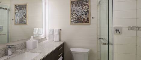 Une salle de bain moderne avec un grand miroir, un lavabo, des toilettes et une douche à parois de verre.