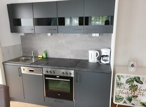 Monolocale | Cucina privata | Frigorifero, piano cottura, lavastoviglie, macchina per tè/caffè