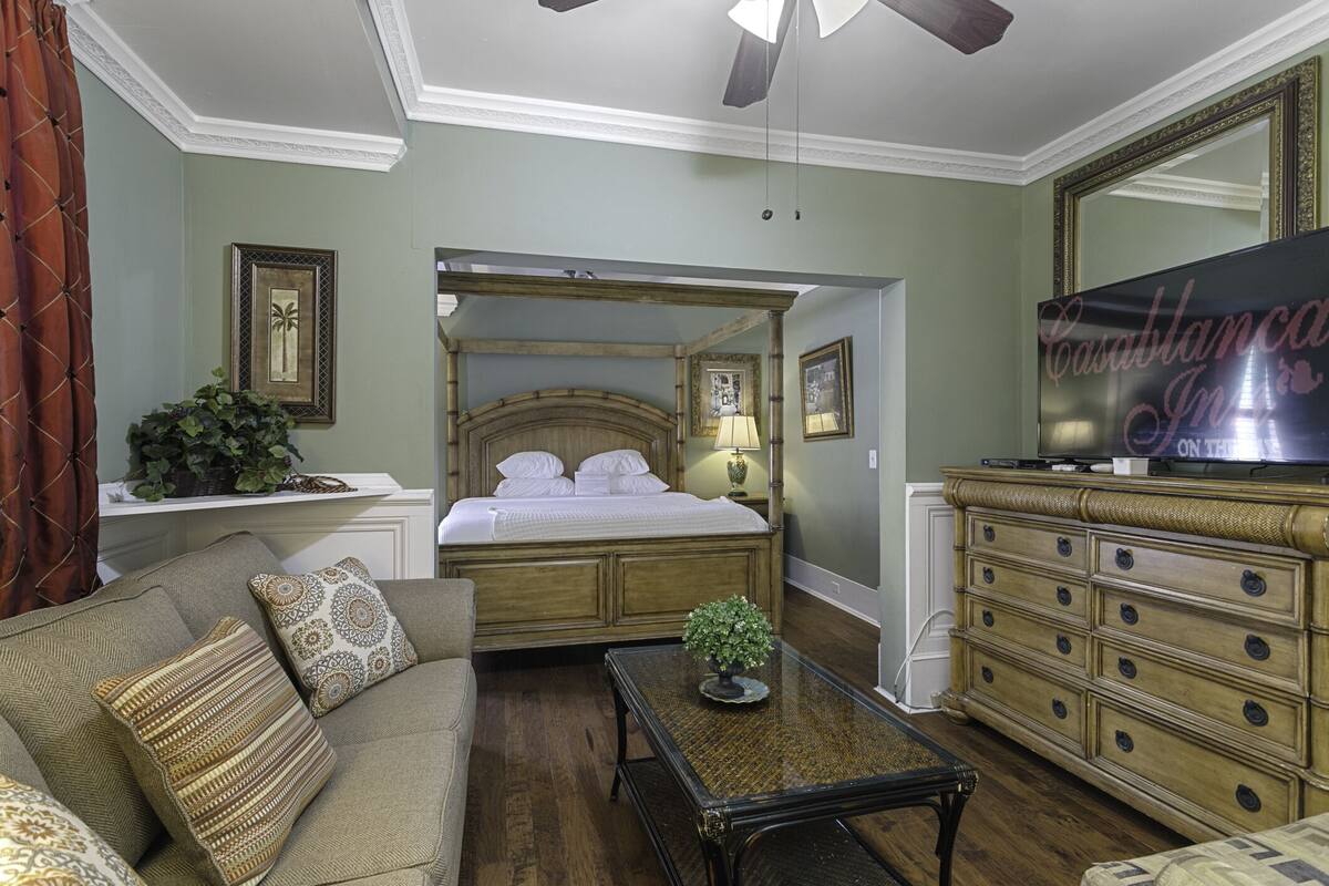 Un dormitorio con cama, cómoda, televisor y planta.