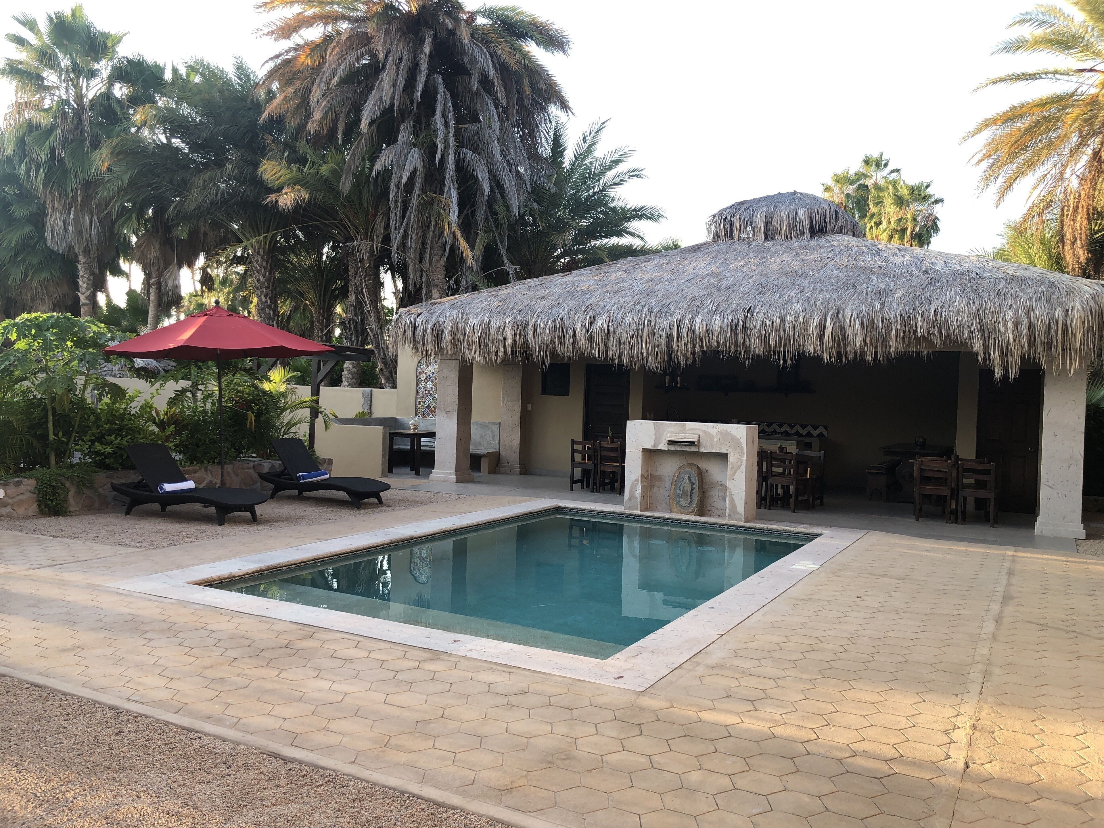 Un área de piscina con sillones, una estructura de techo de paja y palmeras.