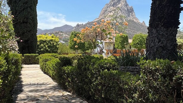 Uma trilha de concreto ladeada por sebes bem aparadas e altas árvores, com a silhueta de uma montanha ao fundo.