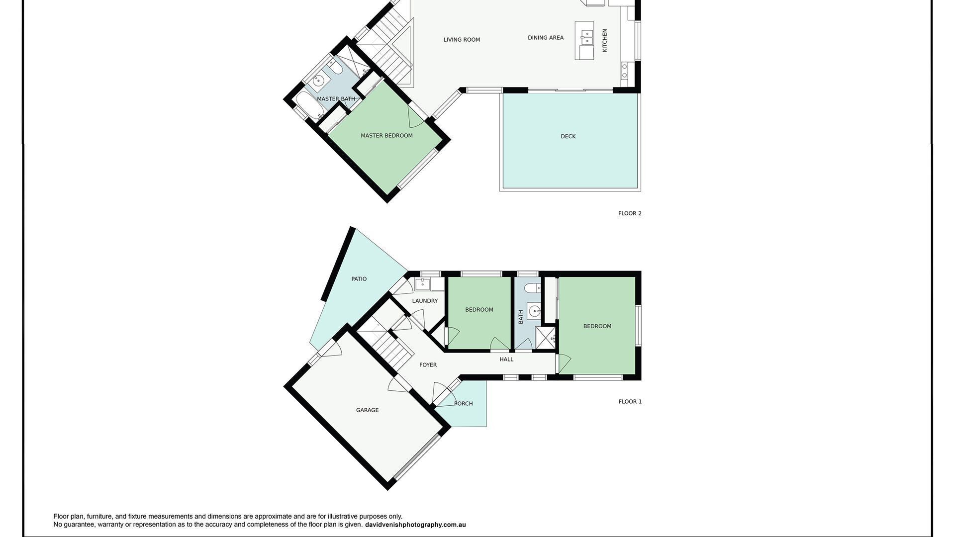 Een plattegrond van een huis met twee verdiepingen, met een woonkamer, eetgedeelte, keuken, hoofdslaapkamer, badkamer, hal, terras, wasruimte, twee slaapkamers, een gang, een garage en een badkamer.