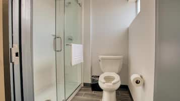 Shower, hydromassage showerhead, free toiletries, hair dryer