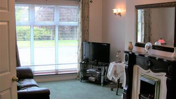 TV, fireplace, DVD player, music library