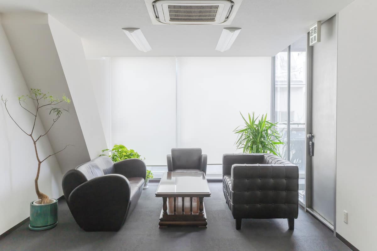 A modern office space with a sofa, armchairs, and a coffee table. There are potted plants and a large window providing natural light.