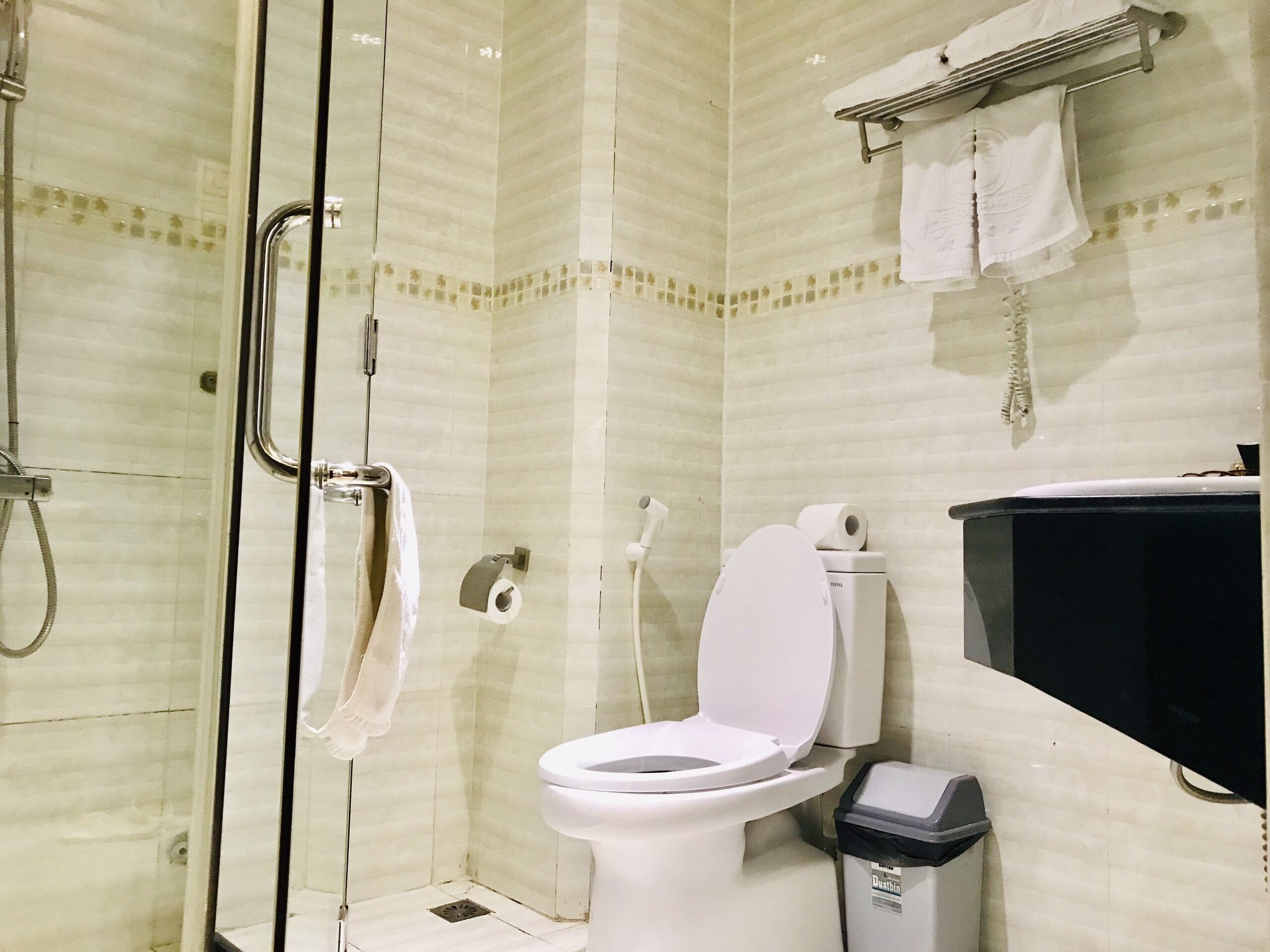 A bathroom with a glass-enclosed shower, a toilet, a trash bin, and a towel rack with towels.